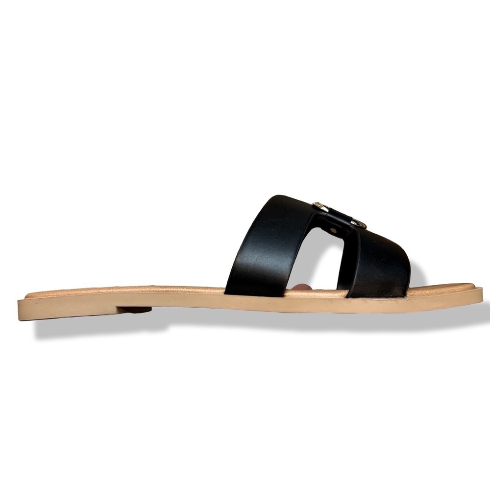 SODA FENG SANDALS Black Faux Leather Slide Gold Buckle Sz 10 - Picture 5 of 14